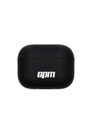 A black AIRPODS CASE BLACK by 6PM, featuring a smooth finish and the white 6PM logo on the front, is shown against a plain white background.