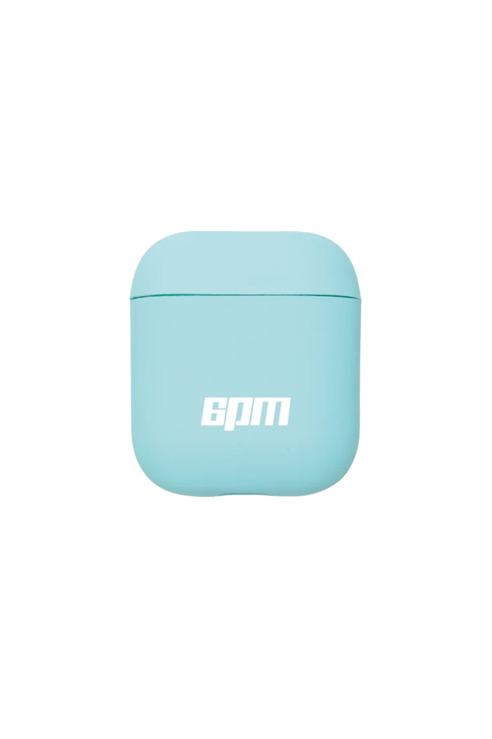 A turquoise AIRPODS CASE by 6PM with white bpm text on the front, centered against a plain white background.